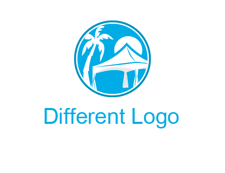 palm tree and tent in circle travel logo