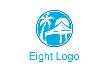 palm tree and tent in circle travel logo