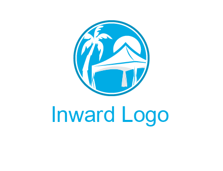palm tree and tent in circle travel logo