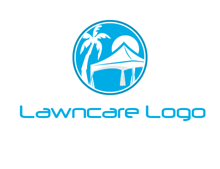 palm tree and tent in circle travel logo