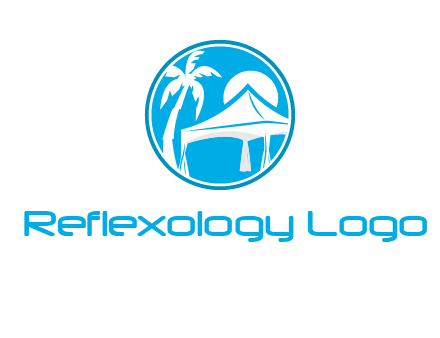 palm tree and tent in circle travel logo