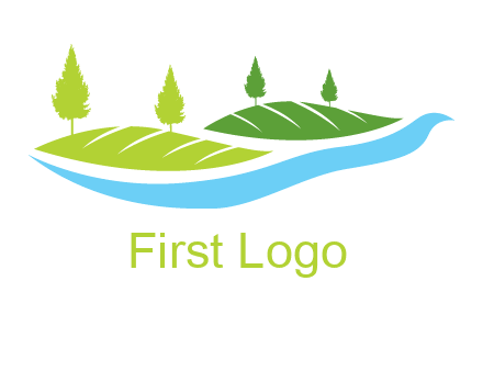 hills with pine trees and river graphic