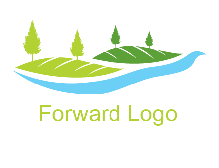 hills with pine trees and river graphic