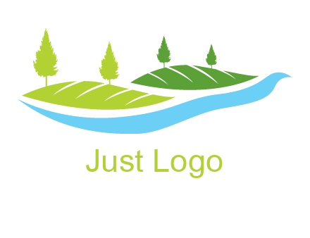 hills with pine trees and river graphic