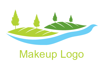 hills with pine trees and river graphic