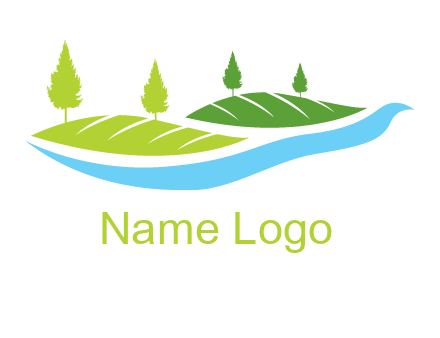 hills with pine trees and river graphic
