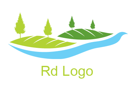hills with pine trees and river graphic
