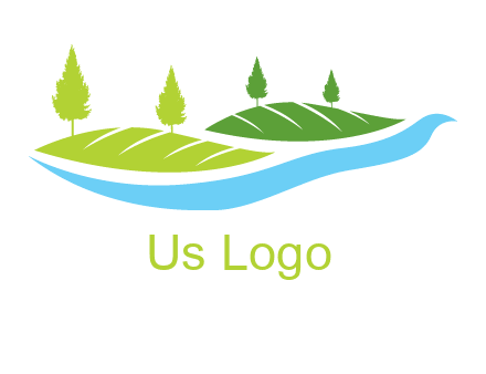 hills with pine trees and river graphic