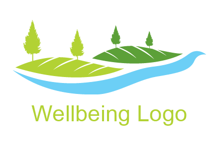 hills with pine trees and river graphic