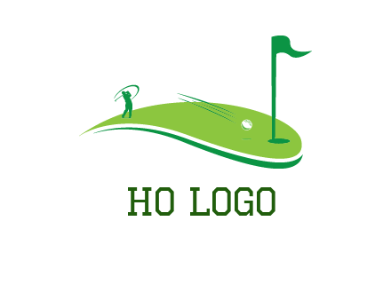 man standing on turf swinging golf club hits ball into hole illustration