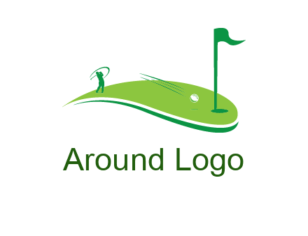 man standing on turf swinging golf club hits ball into hole illustration