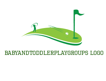 man standing on turf swinging golf club hits ball into hole illustration