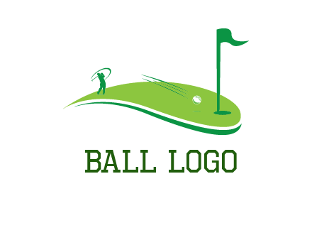 man standing on turf swinging golf club hits ball into hole illustration