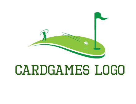 man standing on turf swinging golf club hits ball into hole illustration