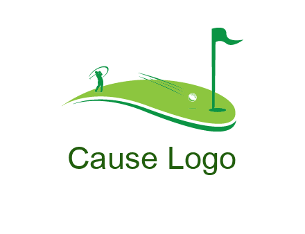 man standing on turf swinging golf club hits ball into hole illustration