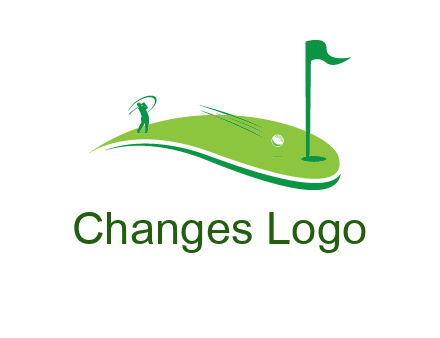 man standing on turf swinging golf club hits ball into hole illustration