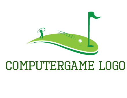 man standing on turf swinging golf club hits ball into hole illustration