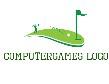 man standing on turf swinging golf club hits ball into hole illustration