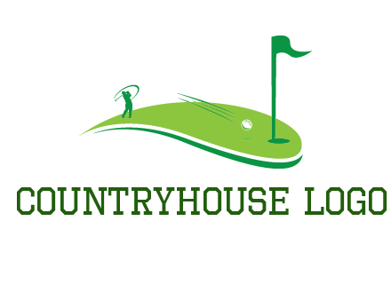 man standing on turf swinging golf club hits ball into hole illustration