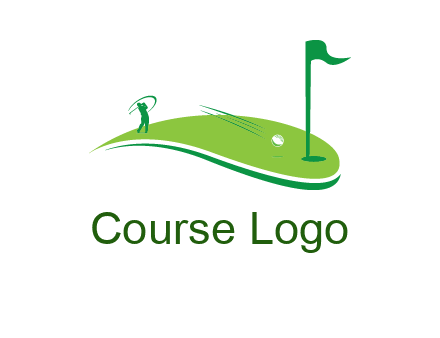 man standing on turf swinging golf club hits ball into hole illustration