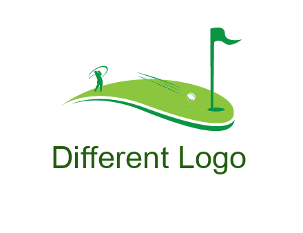 man standing on turf swinging golf club hits ball into hole illustration