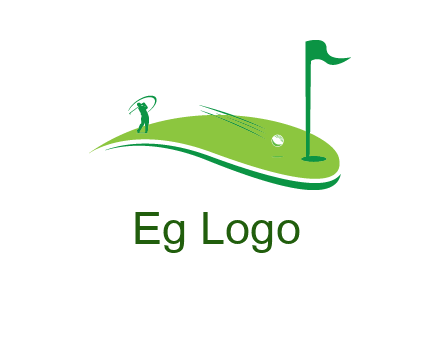 man standing on turf swinging golf club hits ball into hole illustration