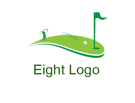 man standing on turf swinging golf club hits ball into hole illustration