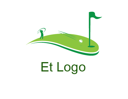 man standing on turf swinging golf club hits ball into hole illustration
