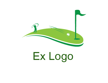 man standing on turf swinging golf club hits ball into hole illustration