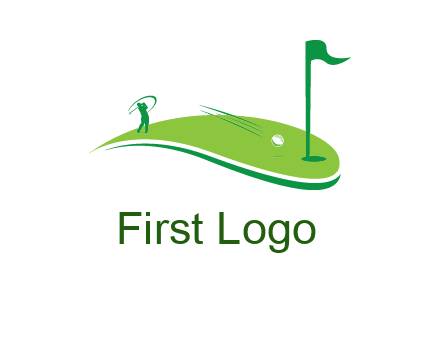 man standing on turf swinging golf club hits ball into hole illustration
