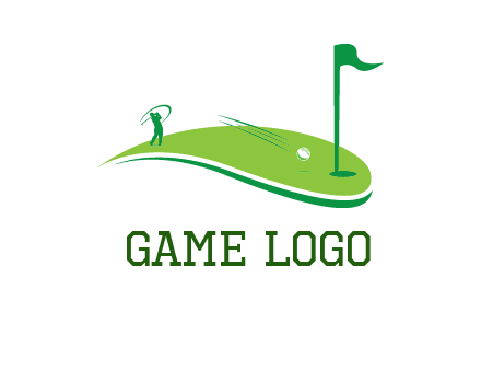 man standing on turf swinging golf club hits ball into hole illustration