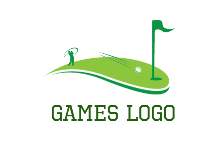 man standing on turf swinging golf club hits ball into hole illustration