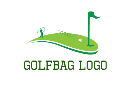 man standing on turf swinging golf club hits ball into hole illustration