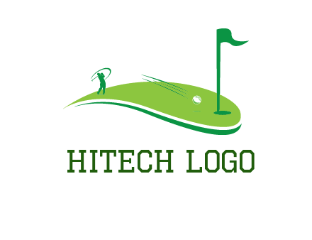 man standing on turf swinging golf club hits ball into hole illustration