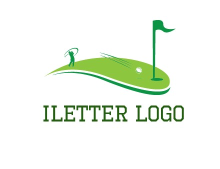 man standing on turf swinging golf club hits ball into hole illustration