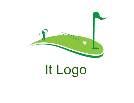 man standing on turf swinging golf club hits ball into hole illustration