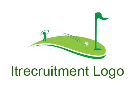 man standing on turf swinging golf club hits ball into hole illustration