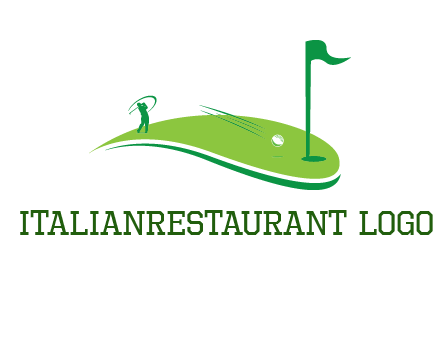 man standing on turf swinging golf club hits ball into hole illustration