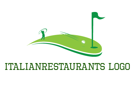 man standing on turf swinging golf club hits ball into hole illustration