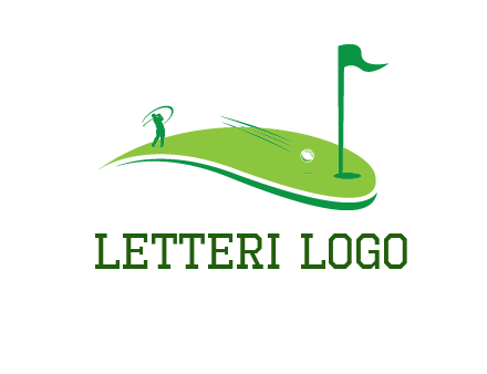 man standing on turf swinging golf club hits ball into hole illustration