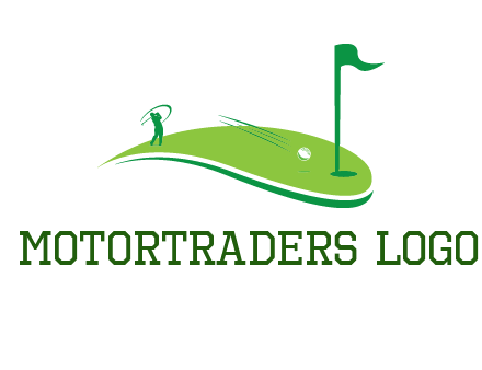 man standing on turf swinging golf club hits ball into hole illustration