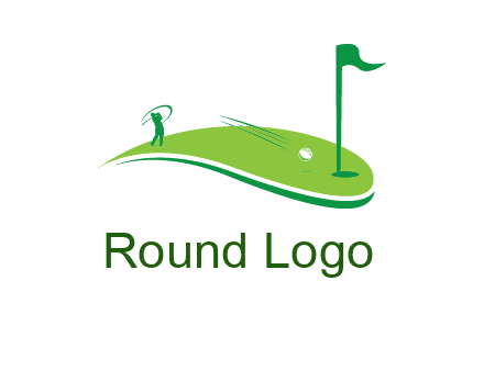 man standing on turf swinging golf club hits ball into hole illustration
