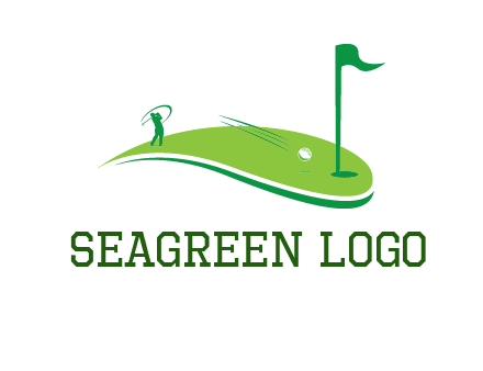 man standing on turf swinging golf club hits ball into hole illustration