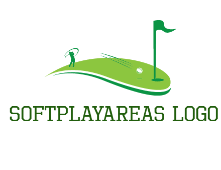 man standing on turf swinging golf club hits ball into hole illustration