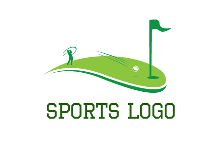 man standing on turf swinging golf club hits ball into hole illustration