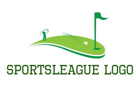 man standing on turf swinging golf club hits ball into hole illustration