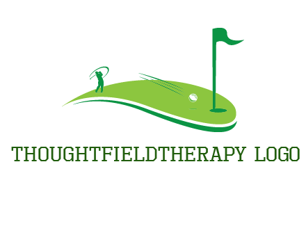 man standing on turf swinging golf club hits ball into hole illustration