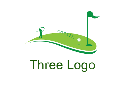 man standing on turf swinging golf club hits ball into hole illustration