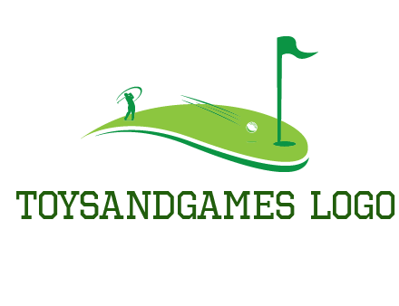 man standing on turf swinging golf club hits ball into hole illustration
