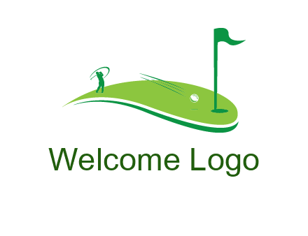 man standing on turf swinging golf club hits ball into hole illustration